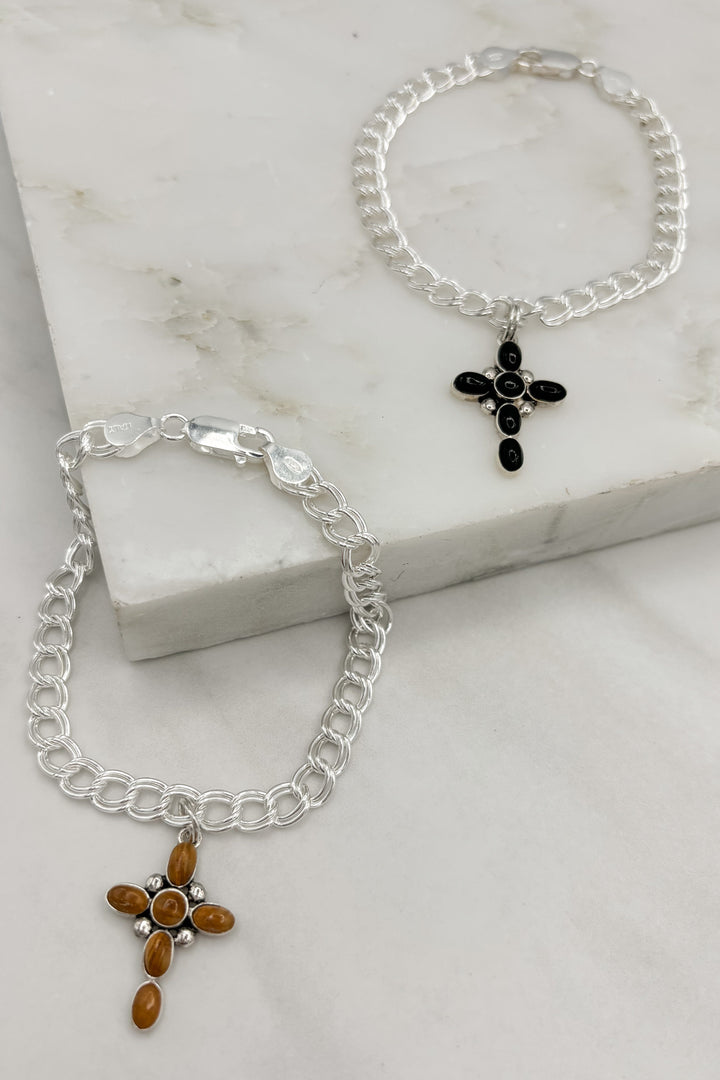 Genuine Stone Bubble Cross Sterling Silver Bracelet