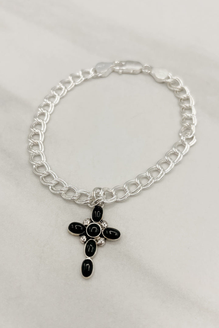 Genuine Stone Bubble Cross Sterling Silver Bracelet