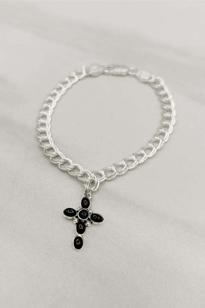 Genuine Stone Bubble Cross Sterling Silver Bracelet