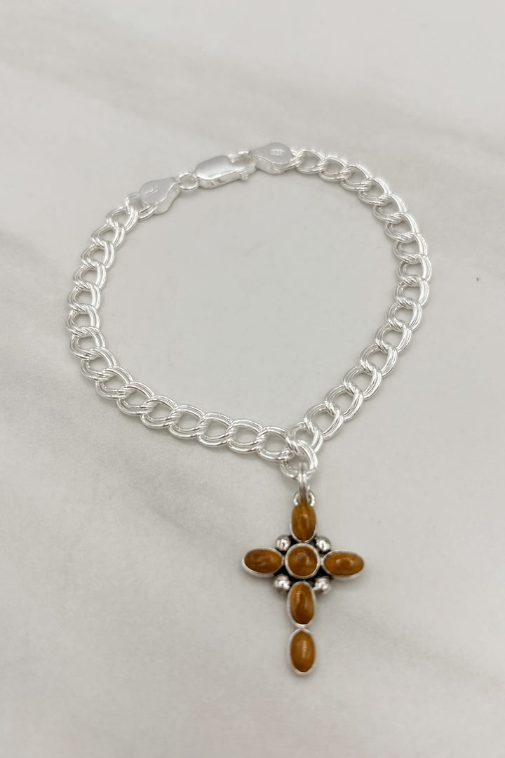 Genuine Stone Bubble Cross Sterling Silver Bracelet