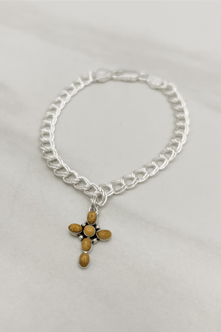 Genuine Stone Bubble Cross Sterling Silver Bracelet