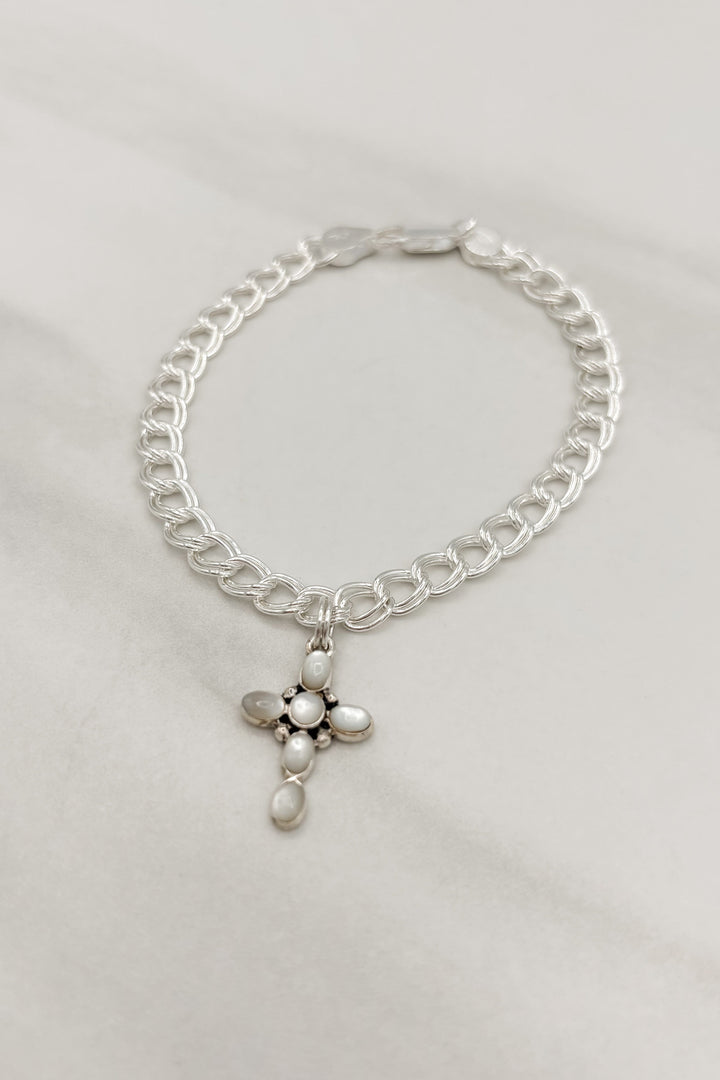 Genuine Stone Bubble Cross Sterling Silver Bracelet