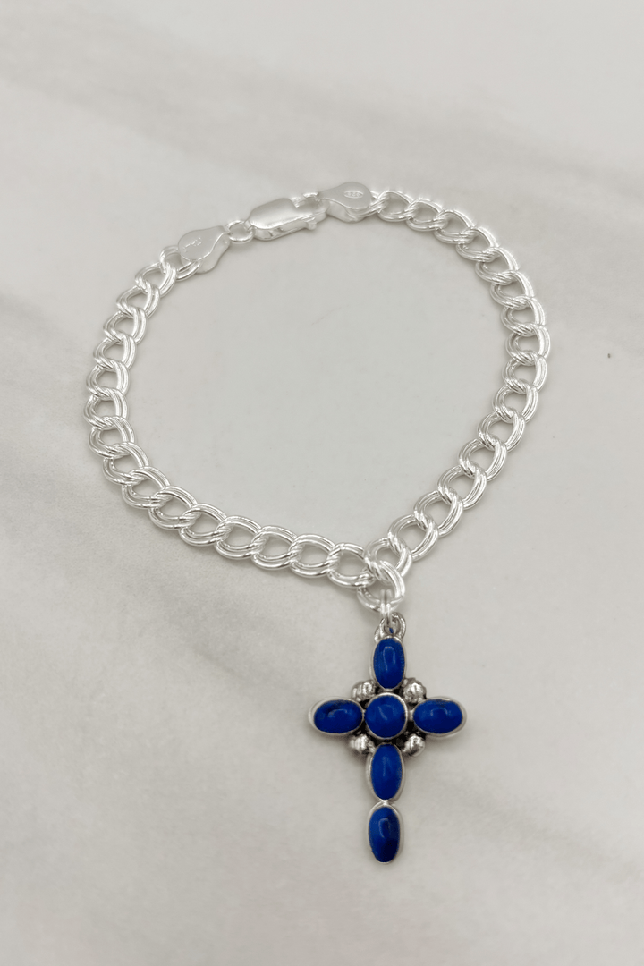 Genuine Stone Bubble Cross Sterling Silver Bracelet