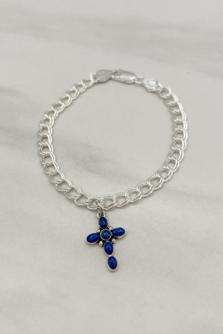 Genuine Stone Bubble Cross Sterling Silver Bracelet