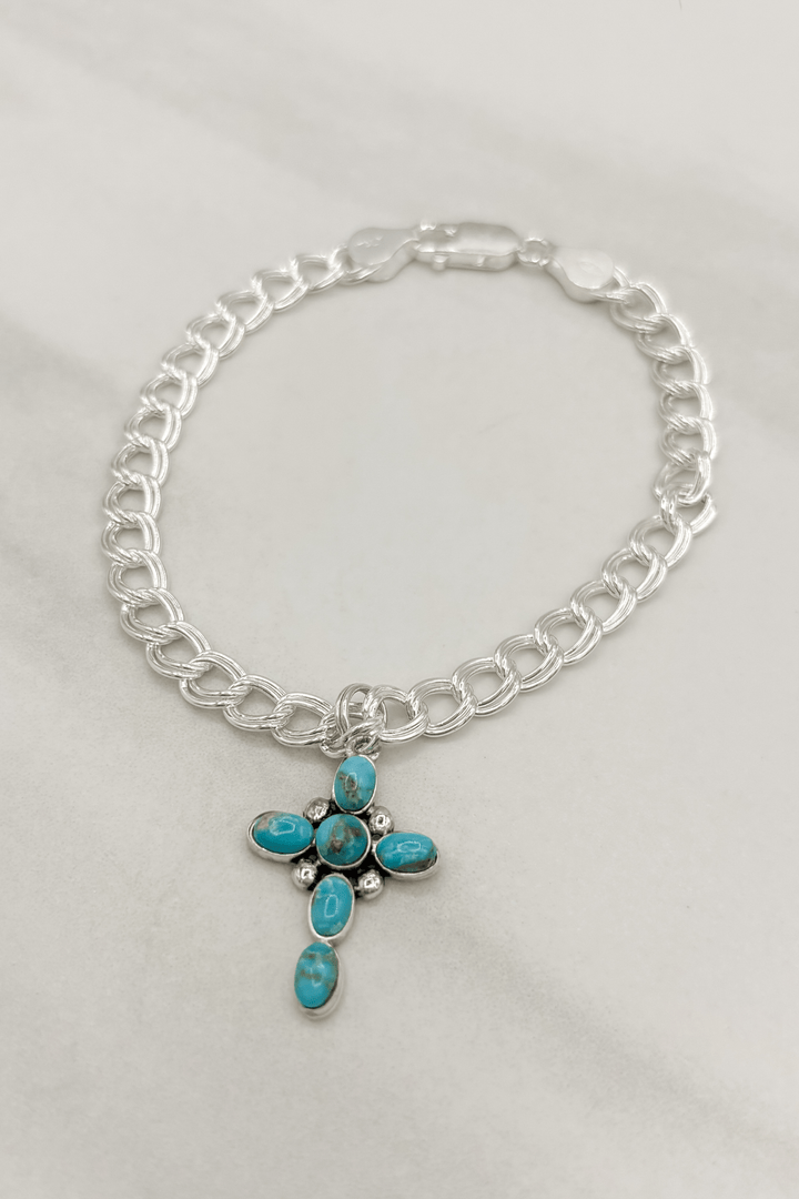 Genuine Stone Bubble Cross Sterling Silver Bracelet