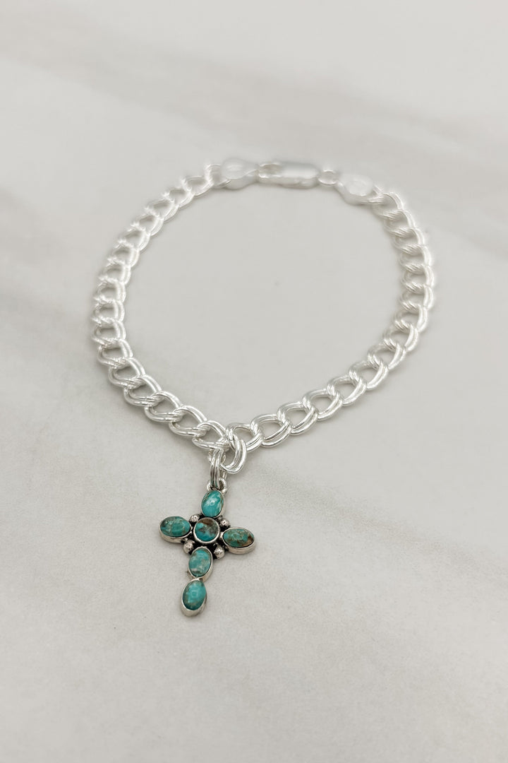 Genuine Stone Bubble Cross Sterling Silver Bracelet