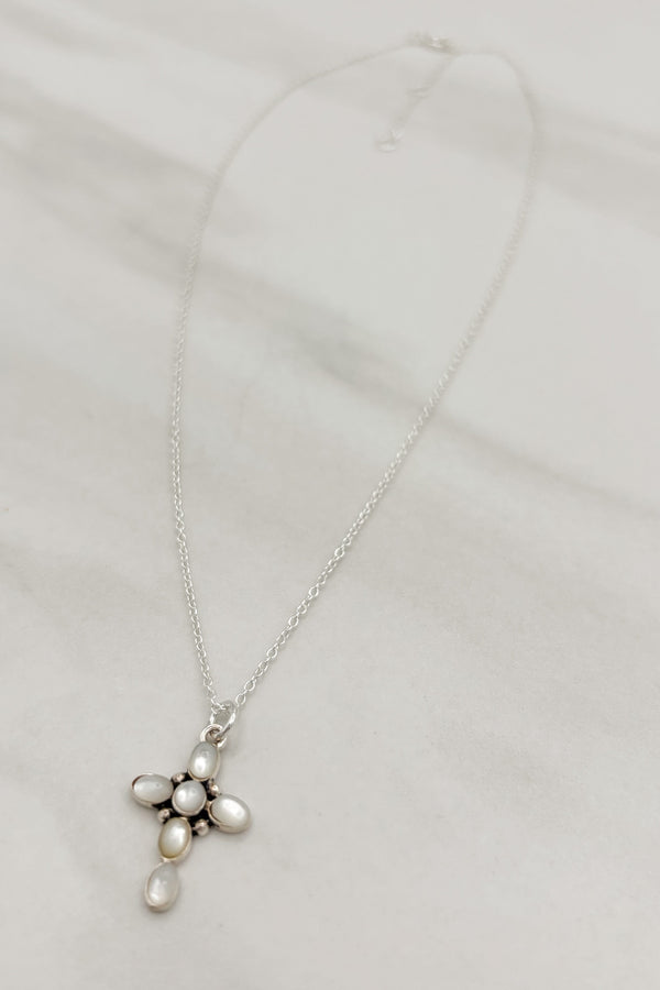 Genuine Stone Bubble Small Cross Sterling Silver Dainty Chain Necklace