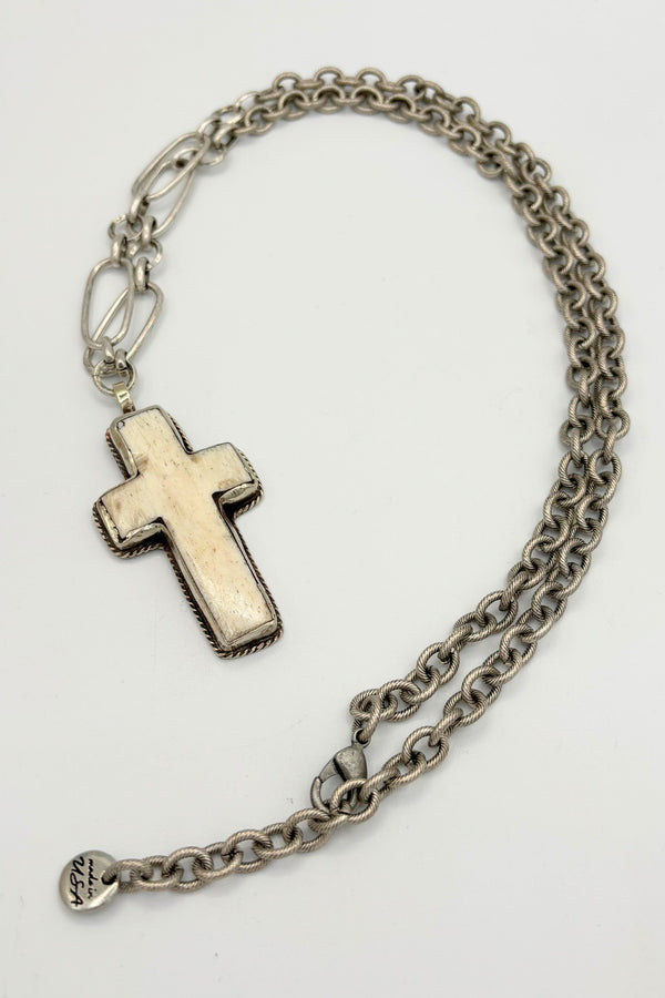 Genuine Stone Set Cross with Floral Etched Backing on Long Mixed Chain