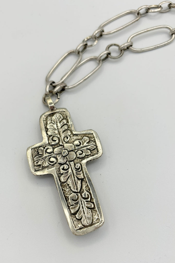 Genuine Stone Set Cross with Floral Etched Backing on Long Mixed Chain