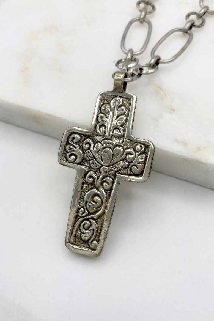 Genuine Stone Set Cross with Floral Etched Backing on Long Mixed Chain