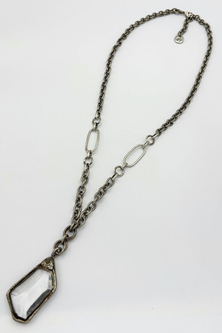 Geometric Soldered Crystal Pendant on Long Mixed Chain Necklace