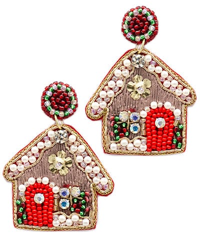 Gingerbread House Embroidered and Beaded Felt Back Dangle Earrings