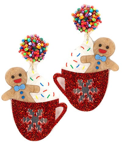 Gingerbread in Hot Chocolate Mug Christmas Acrylic Dangle Earrings