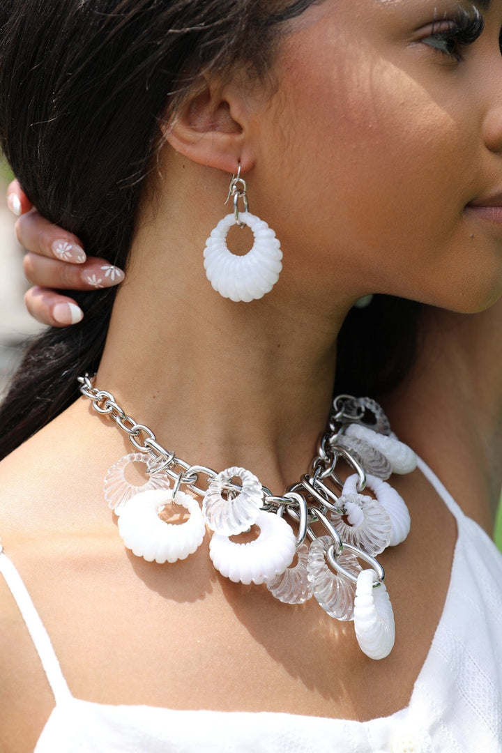 Glacier Necklace with Silver Chain and Clam Shaped Charms in White and Clear