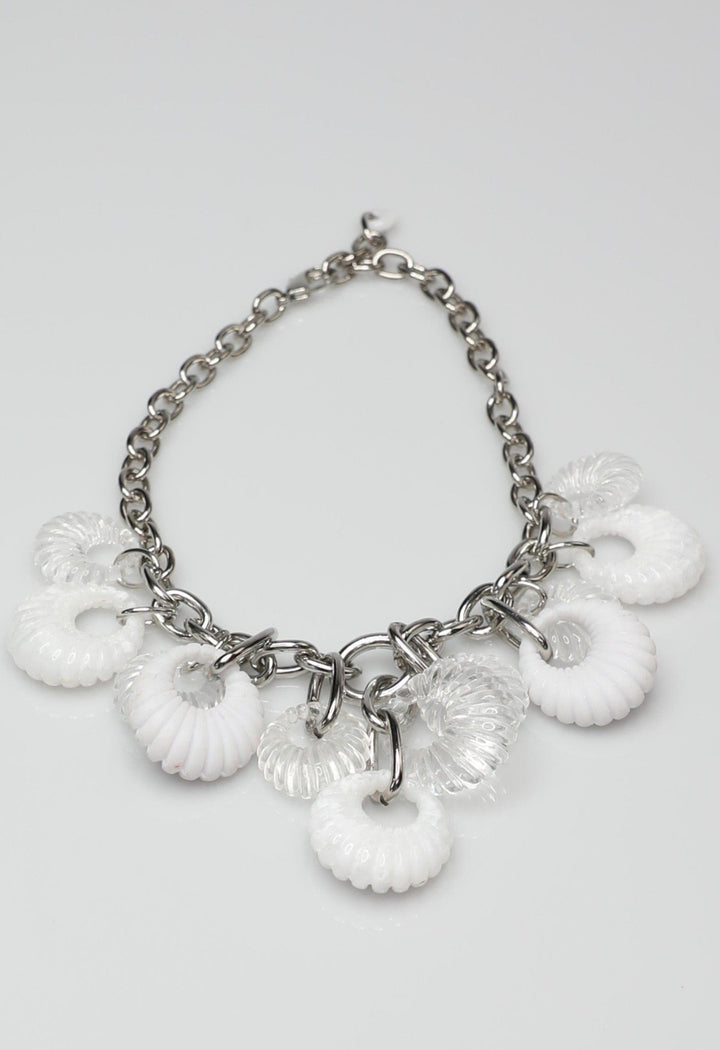 Glacier Necklace with Silver Chain and Clam Shaped Charms in White and Clear