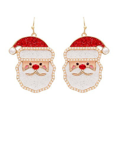 Glitter Enamel Pearl Outlined Santa Head Christmas Dangle Earrings