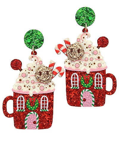 Glitter Hot Chocolate House Mug Drop Earrings