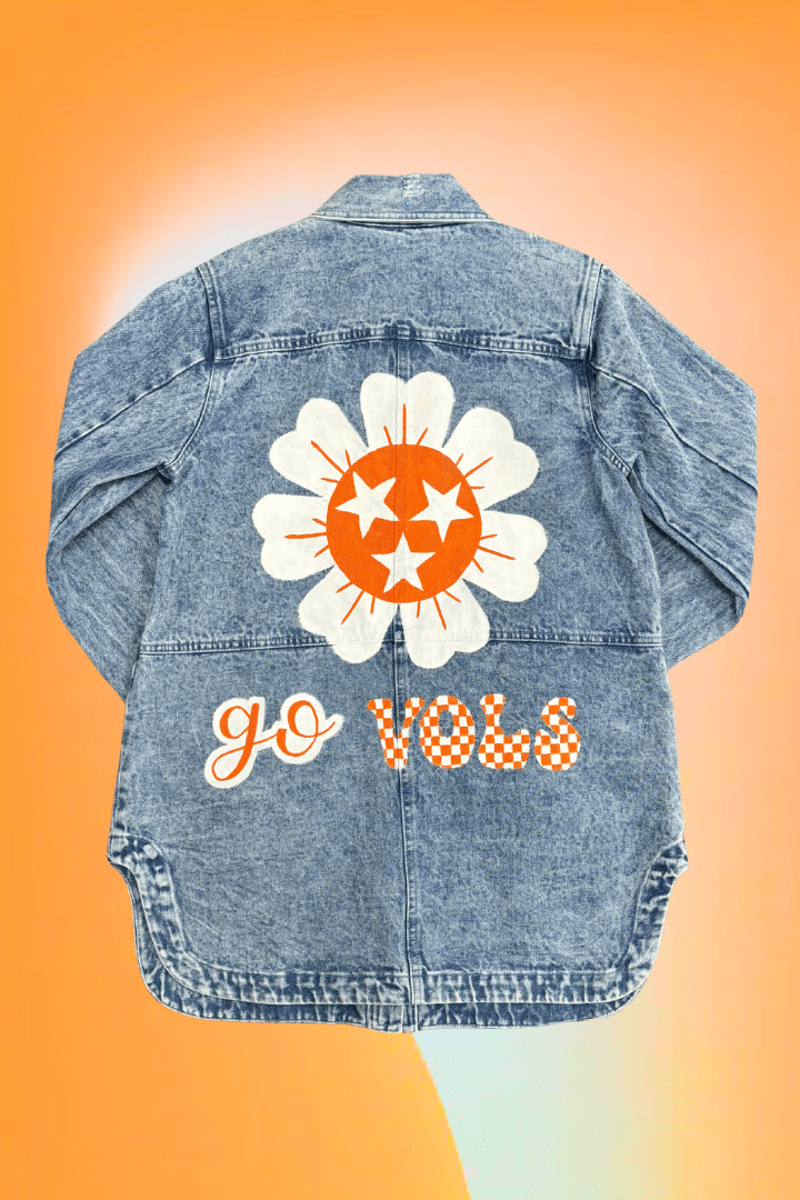 "Go Vols" Tennessee Tri-Star Center Flower Hand Painted Long Cargo Denim Jacket