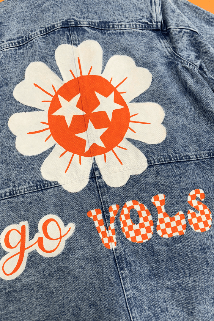 "Go Vols" Tennessee Tri-Star Center Flower Hand Painted Long Cargo Denim Jacket