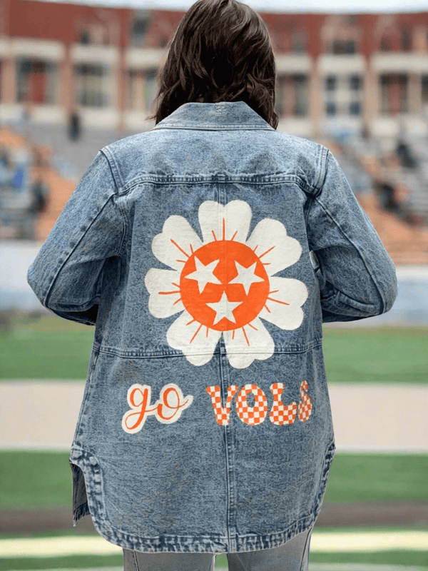 "Go Vols" Tennessee Tri-Star Center Flower Hand Painted Long Cargo Denim Jacket