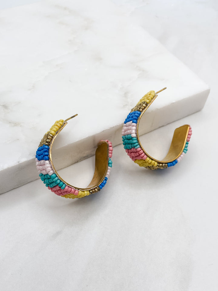 Gold Band Multicolor Seed Beaded Hoop Earrings