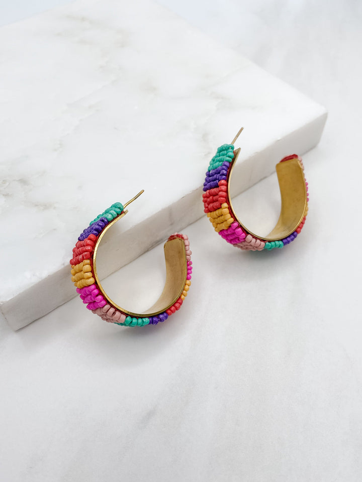 Gold Band Multicolor Seed Beaded Hoop Earrings