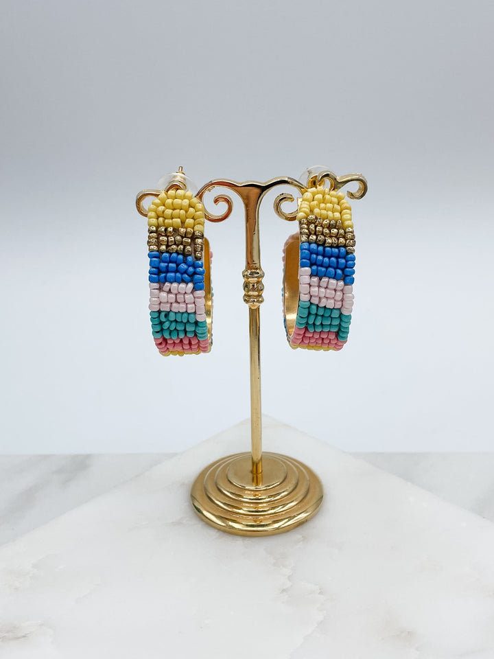 Gold Band Multicolor Seed Beaded Hoop Earrings