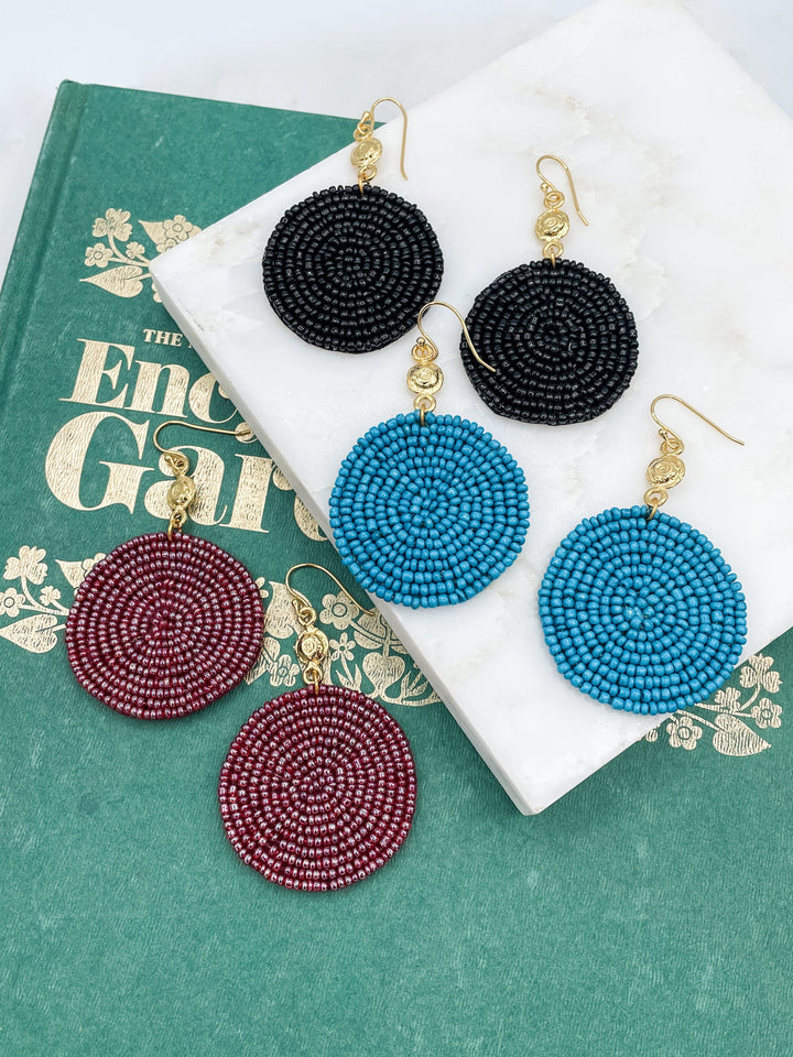 Gold Charm and Circular Felt Back Seed Bead Earrings