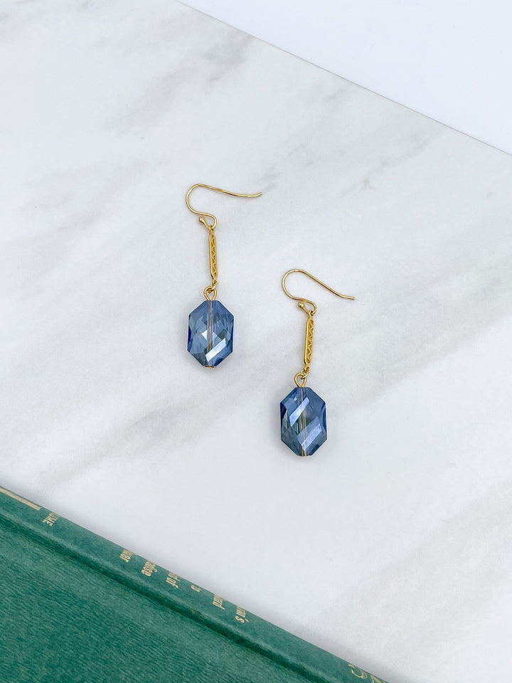 Gold Drop Earrings with Stone Blue Crystal Beads