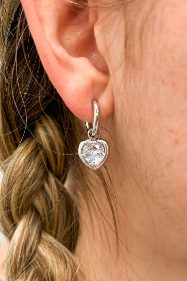 Gold or Silver Plated CZ Heart Hoop Huggie Dangle Earrings