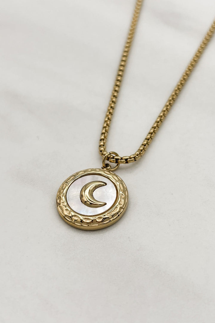 Gold Plated Crescent Moon and Natural Shell Box Chain Necklace