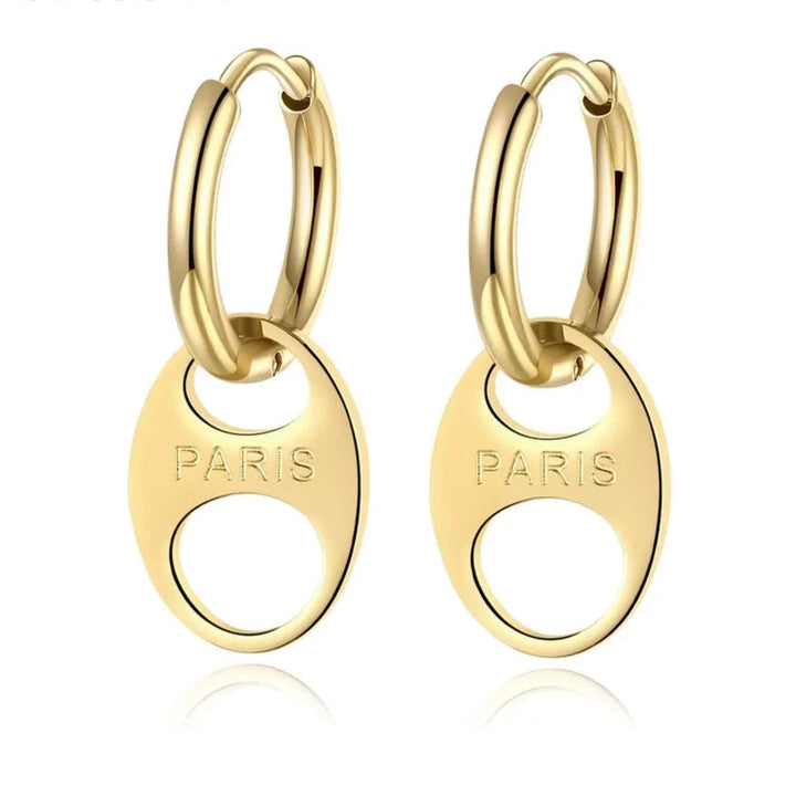 Gold Plated Stainless Steel Huggie Hoop Earrings with "PARIS"