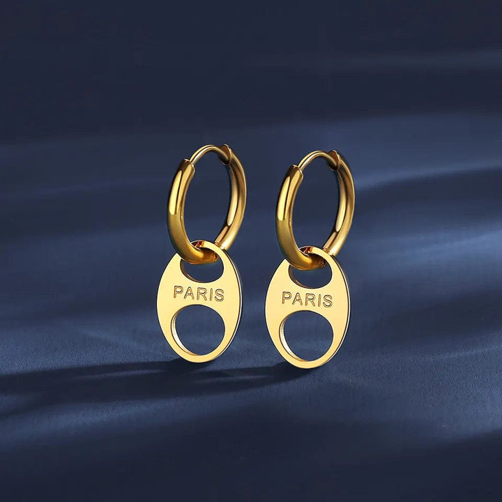 Gold Plated Stainless Steel Huggie Hoop Earrings with "PARIS"