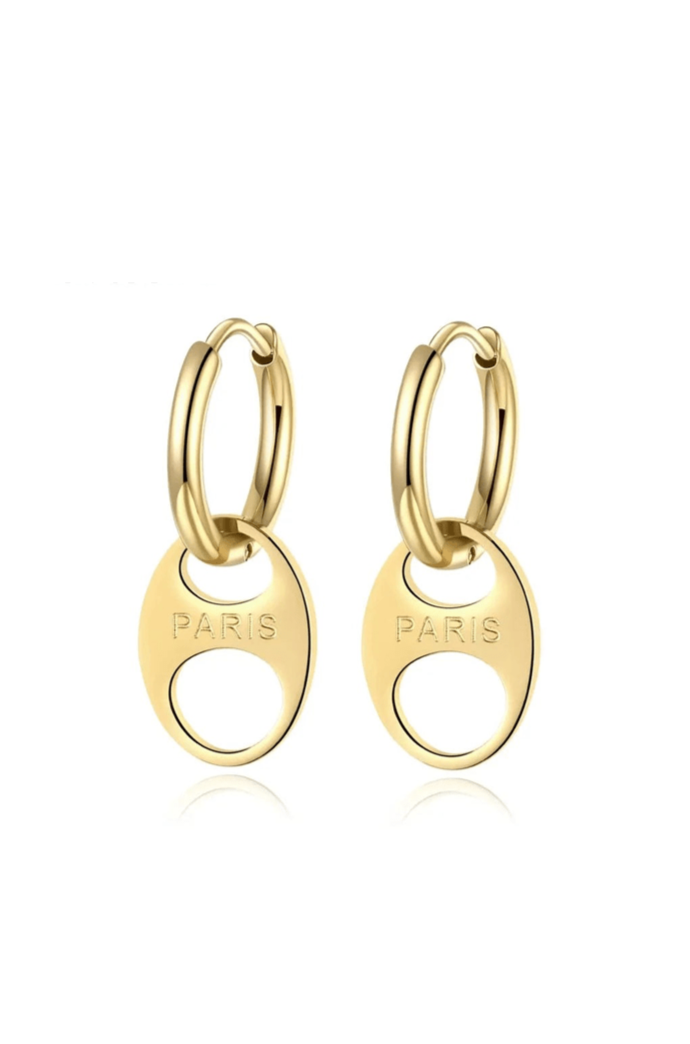 Gold Plated Stainless Steel Huggie Hoop Earrings with "PARIS"