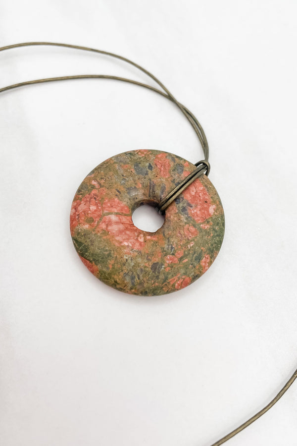 Grassy Earth Genuine Stone Disk Leather Cord Necklace