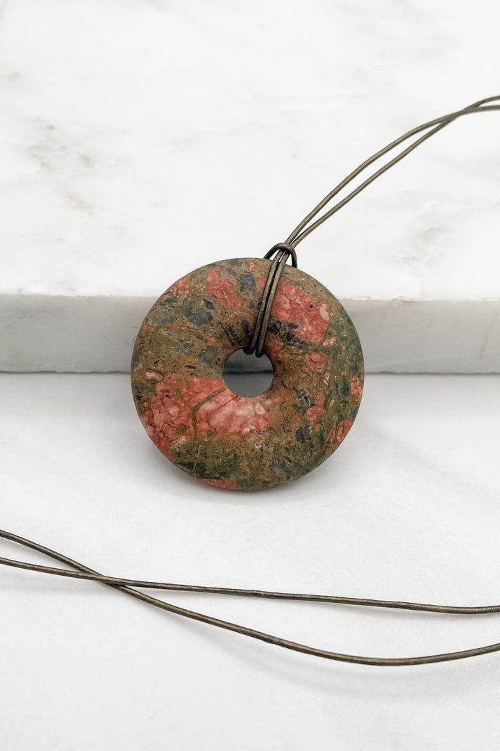 Grassy Earth Genuine Stone Disk Leather Cord Necklace