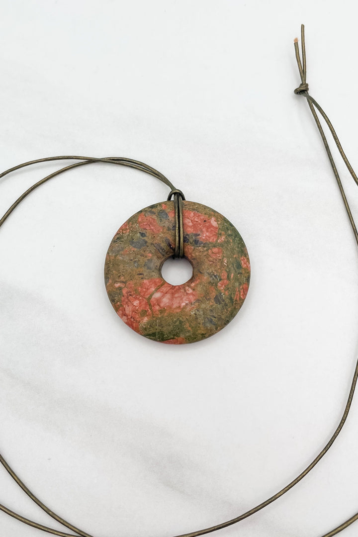 Grassy Earth Genuine Stone Disk Leather Cord Necklace