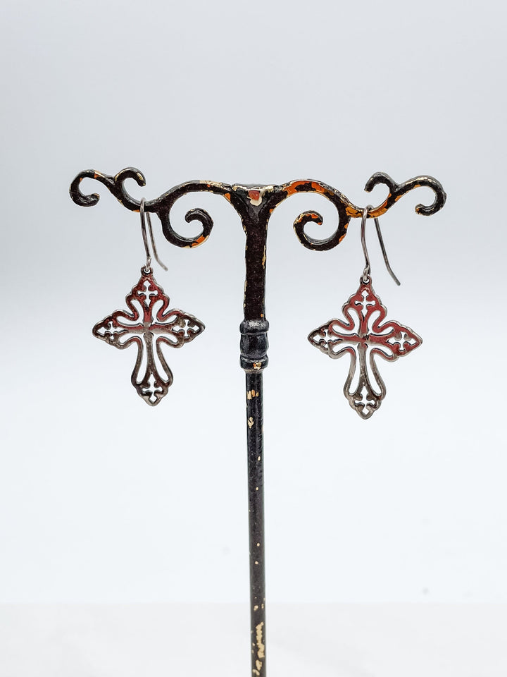 Gun Metal Ornate Cross Drop Earrings