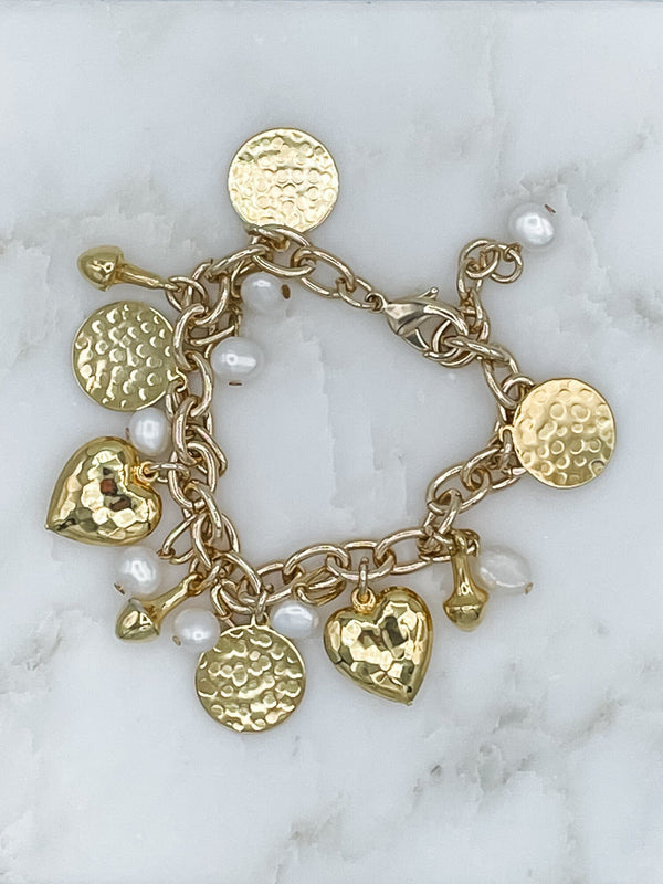 Hearts and Gold Disc Bracelet with Freshwater Pearls