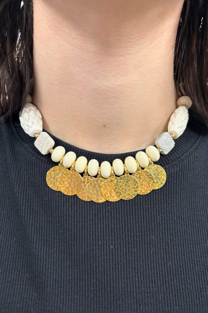 Helena Elegant Mixed Stone and Hammered Gold Disks Necklace