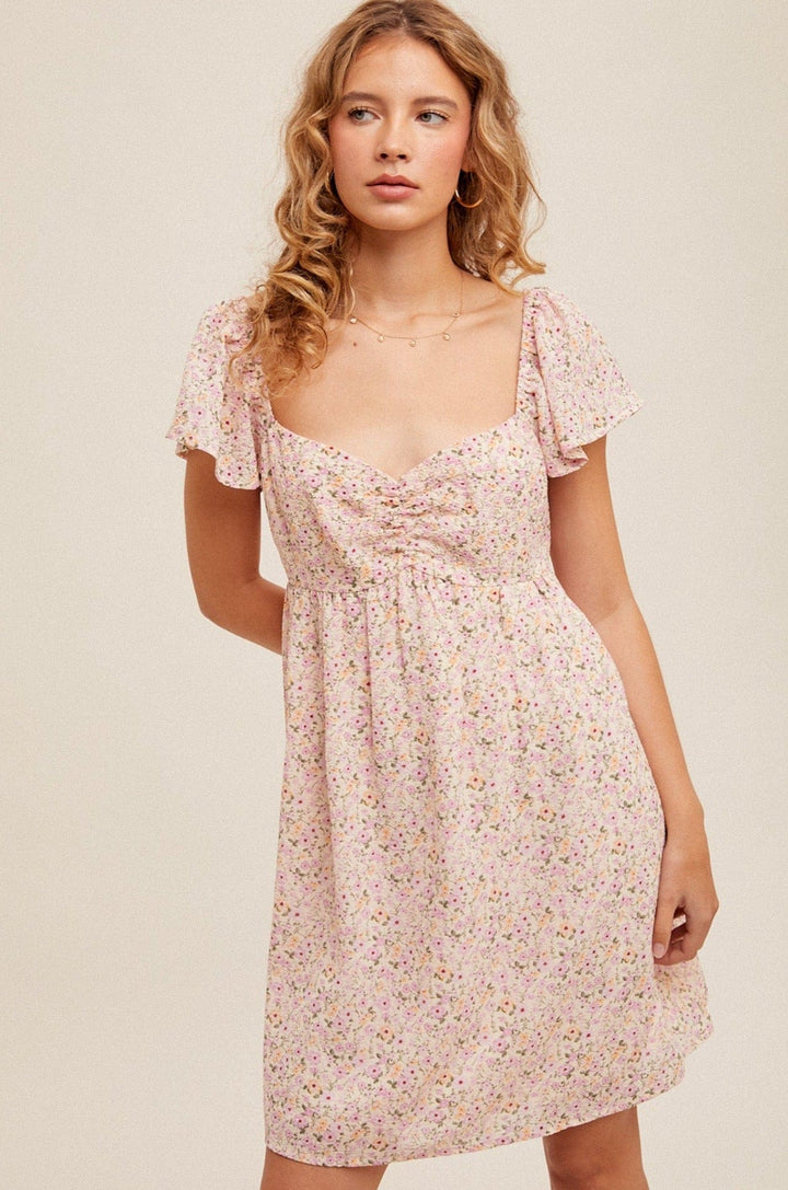 Hem & Thread Cinched-Front Sweetheart Neckline Chiffon Mini Dress