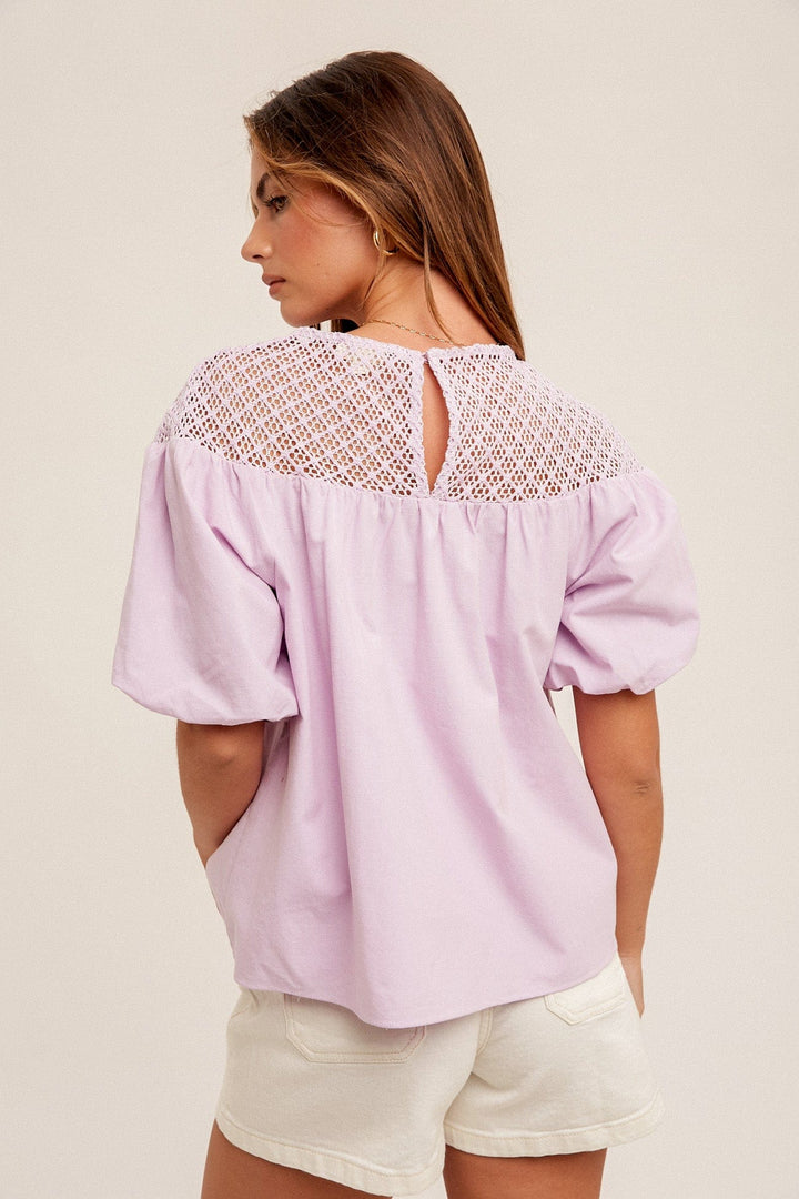 Hem & Thread Crochet Contrast Bubble Sleeve Blouse