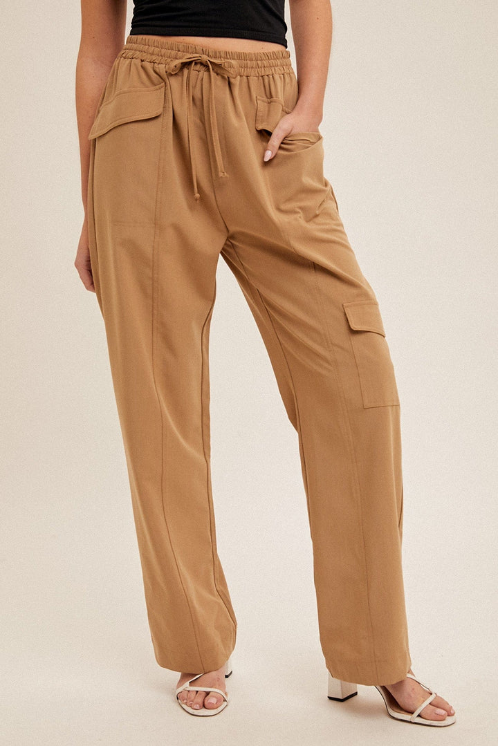 Hem & Thread Drawstring Waist Straight Leg Cargo Pants