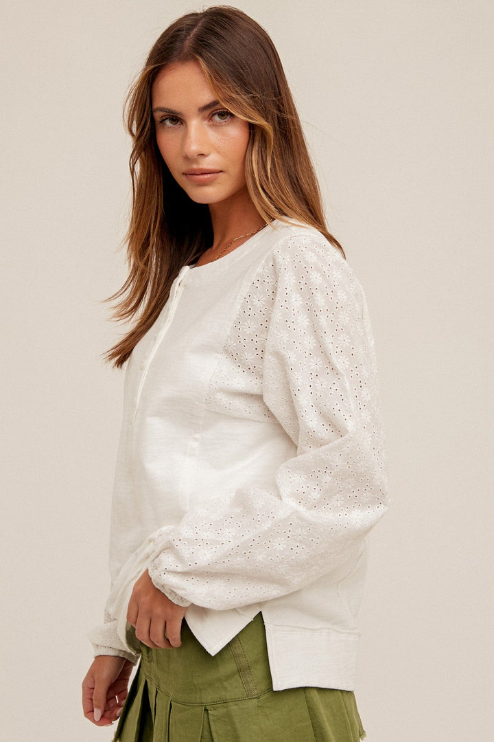 Hem & Thread Eyelet Contrast Terry Snap Button Pullover