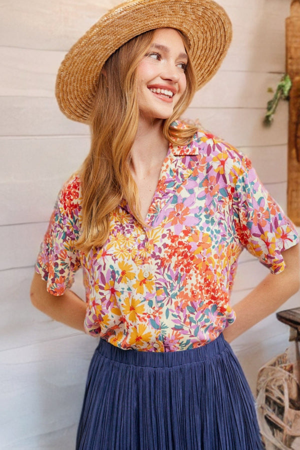 Hem & Thread Floral Print Short Sleeve Camp Shirt