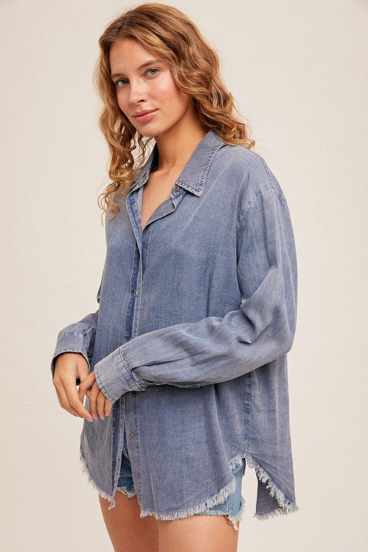 Hem & Thread Lapel Collar Long Cuffed Sleeves Button Down Tencel Shirt