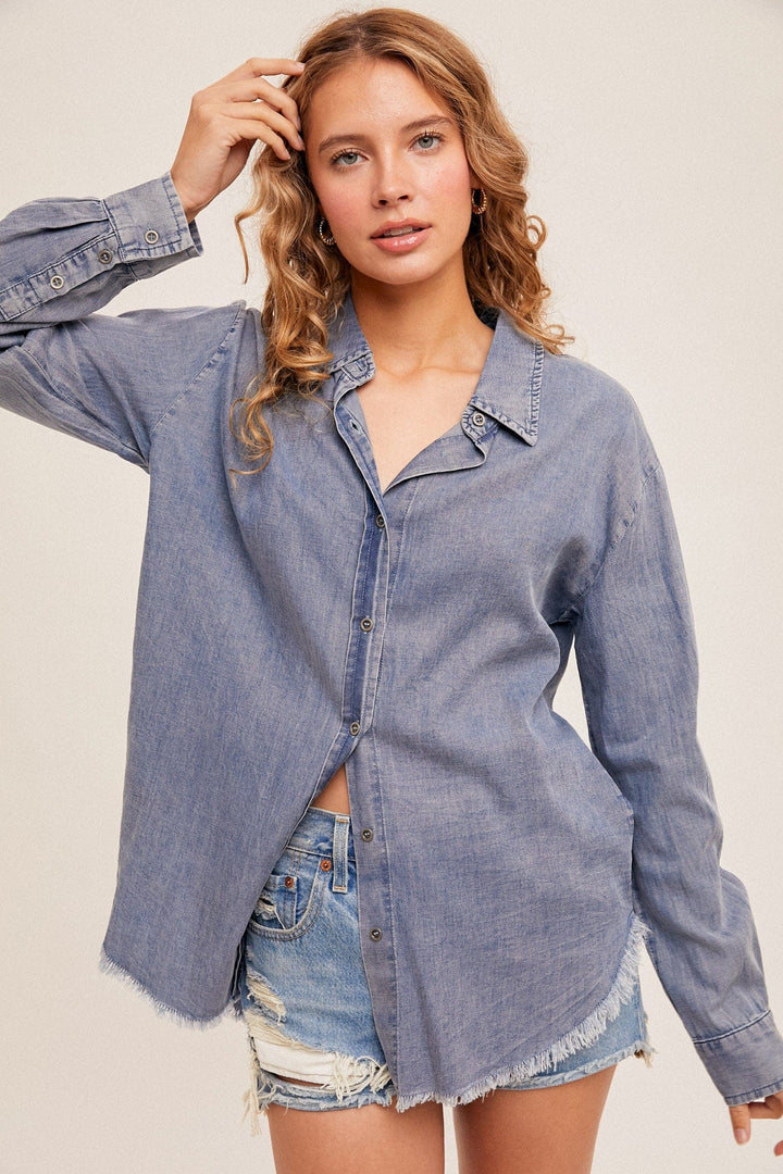 Hem & Thread Lapel Collar Long Cuffed Sleeves Button Down Tencel Shirt