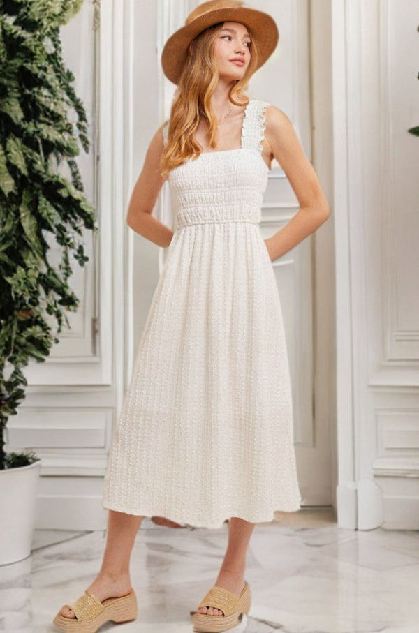 Hem & Thread Ruffle-Trimmed Shoulder Strap Smocked Bodice Midi Dress