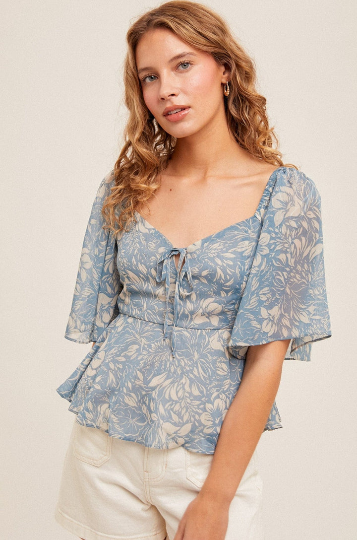 Hem & Thread Square Neck Flutter Sleeve Floral Print Chiffon Peplum Top