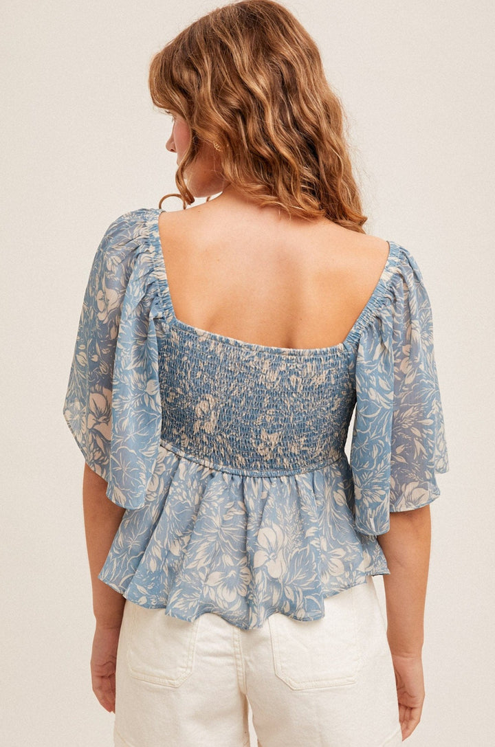 Hem & Thread Square Neck Flutter Sleeve Floral Print Chiffon Peplum Top